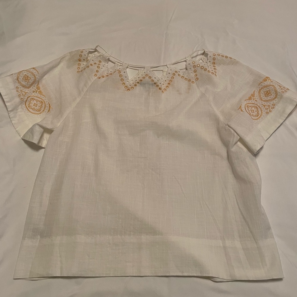 Madewell Linen white top with yellow accents, Size S